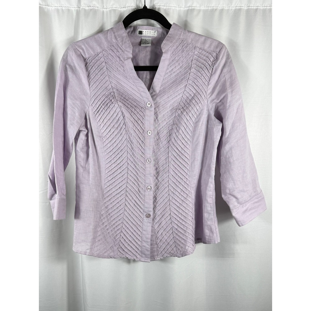 Carole Little Womens Lavender Linen Cotton Pintuck‎ 3/4 Sleeve Blouse Size S